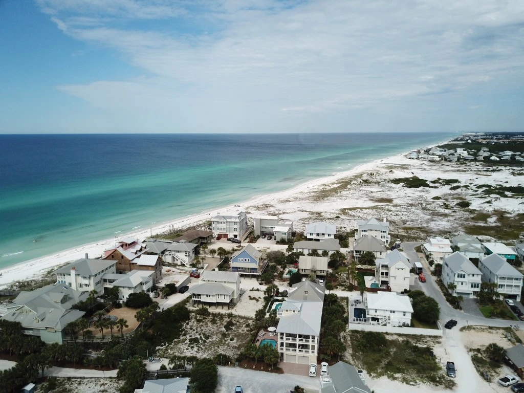 Aerial view of Grayton Beach and the Gulf coastline along 30A
