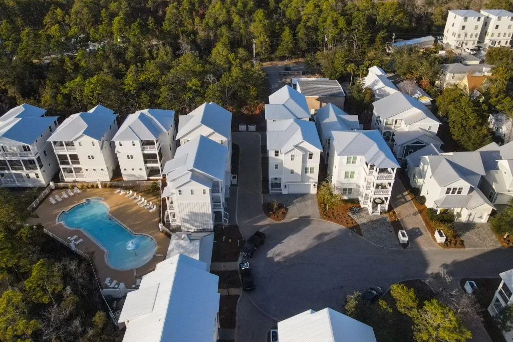 Aerial view of the cottages and pool at The Village at Grayton Beach