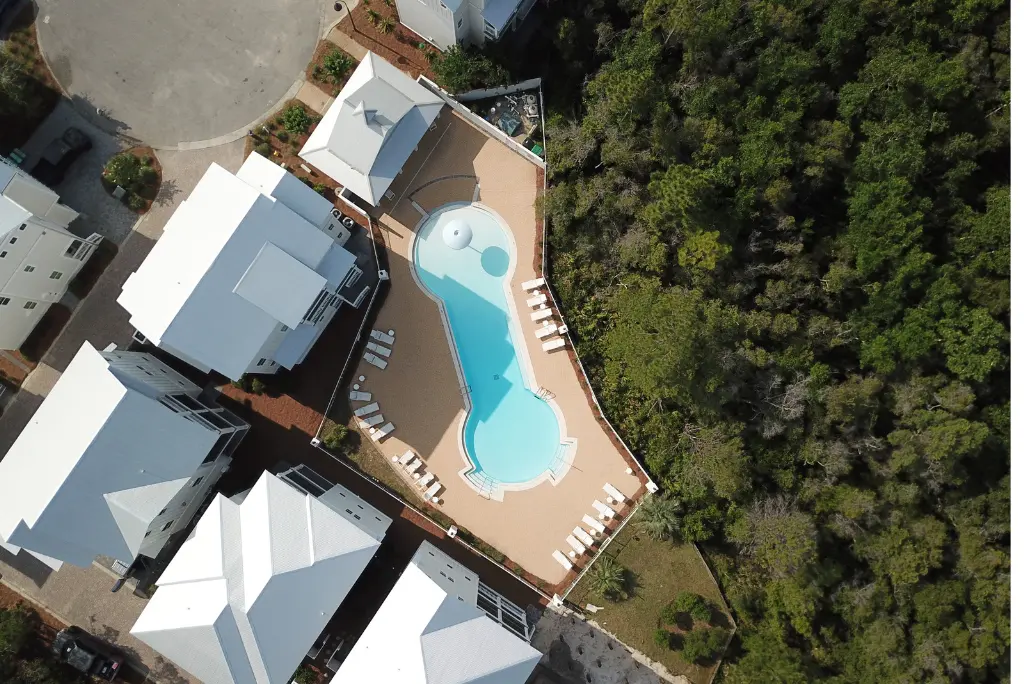 Overhead view of homes beside the community pool at The Village at Grayton Beach